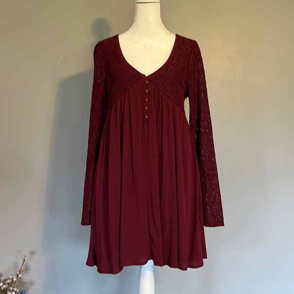 Others Follow Maroon Dress with Lace Sleeves, Size Medium - Picture 1 of 4